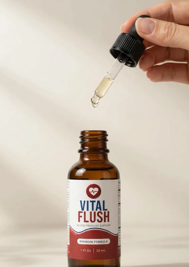 A dropper releasing a drop of VitalFlush into an open bottle
